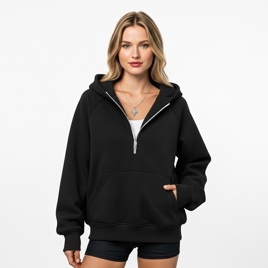 Half Zip Fleece Hoodie Sweatshirt With Oversized Fit Style For Women