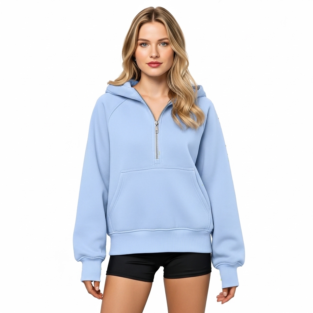 Half Zip Fleece Hoodie Sweatshirt With Oversized Fit Style For Women