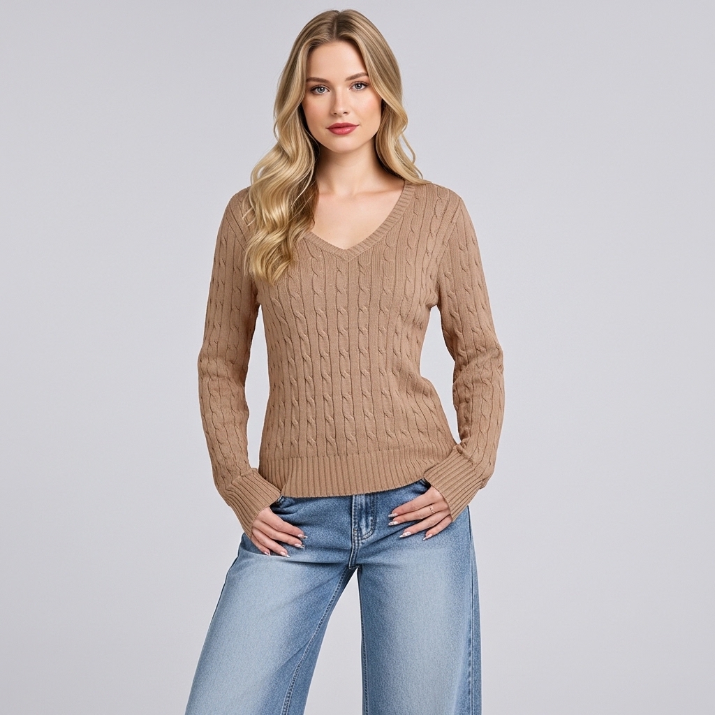Long Sleeve Cable Knitted Design Sweater For Women