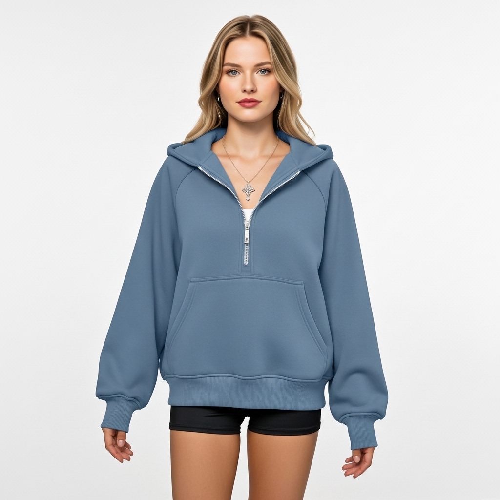 Half Zip Fleece Hoodie Sweatshirt With Oversized Fit Style For Women