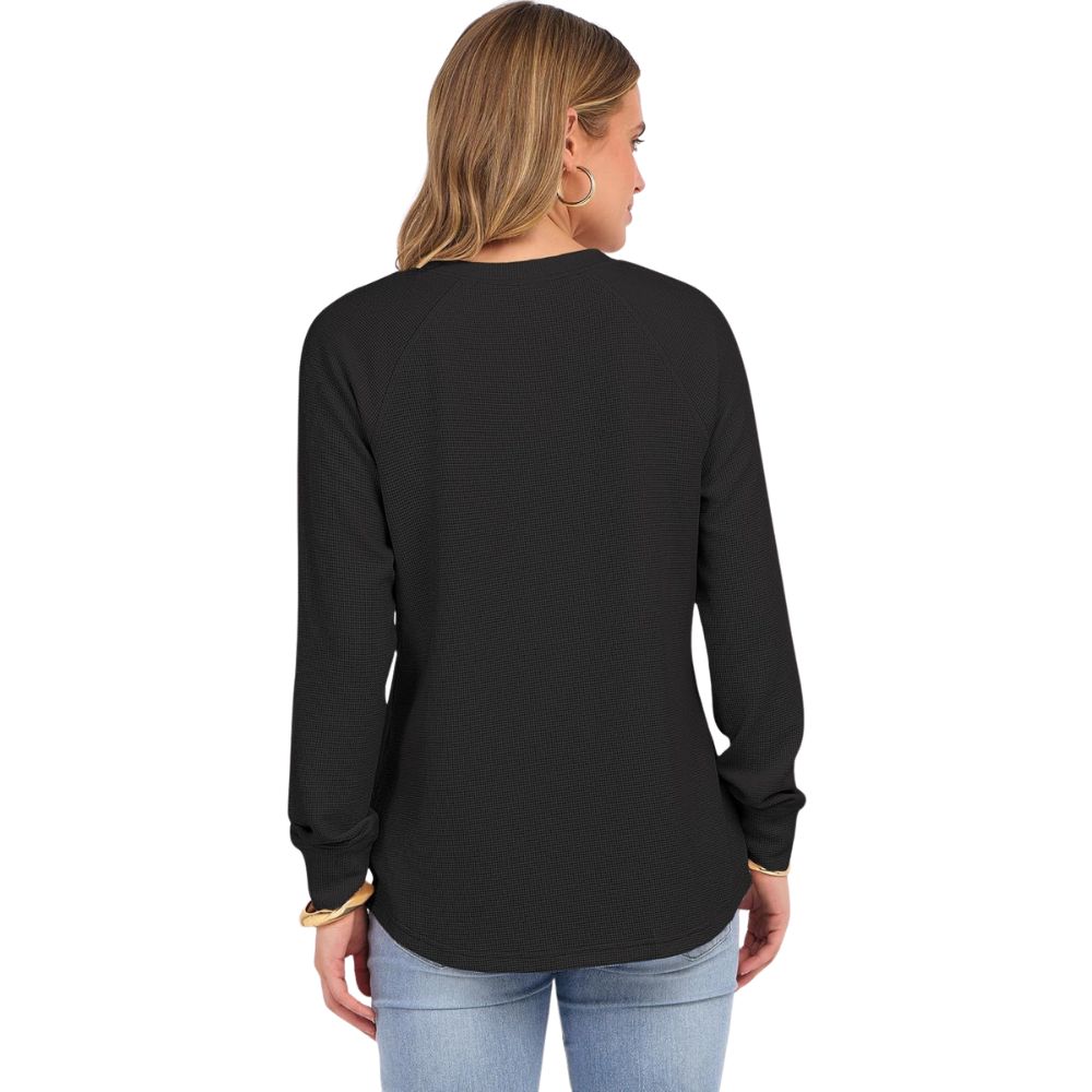Women's Long Sleeve Waffle Knit Shirts Dressy Casual Loose Button Up V Neck
