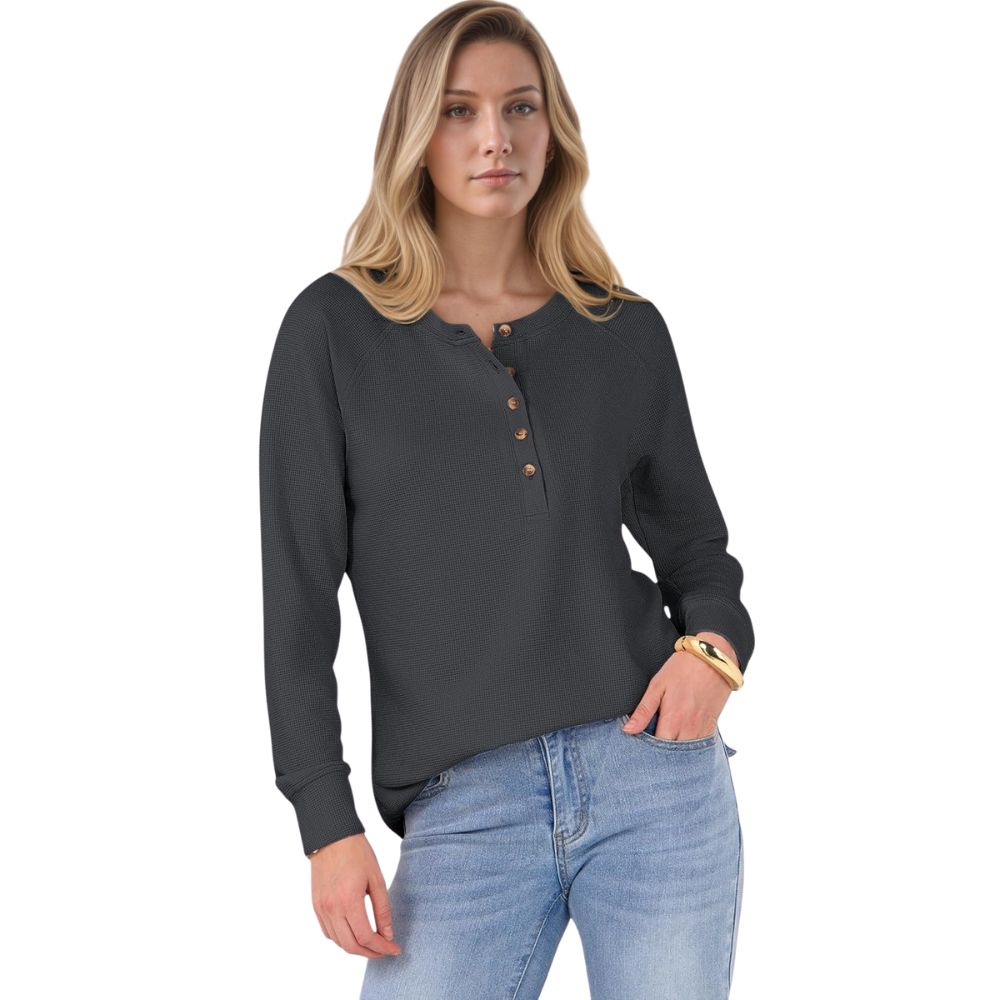 Women's Long Sleeve Waffle Knit Shirts Dressy Casual Loose Button Up V Neck