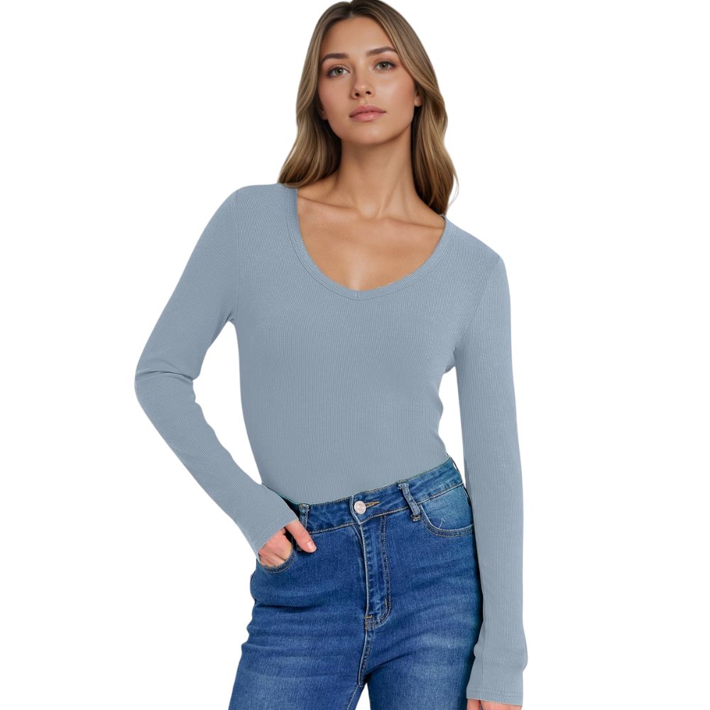 Long Sleeve Shirts for Women V Neck Ribbed Knit Fitted Fall Basic Tshirts