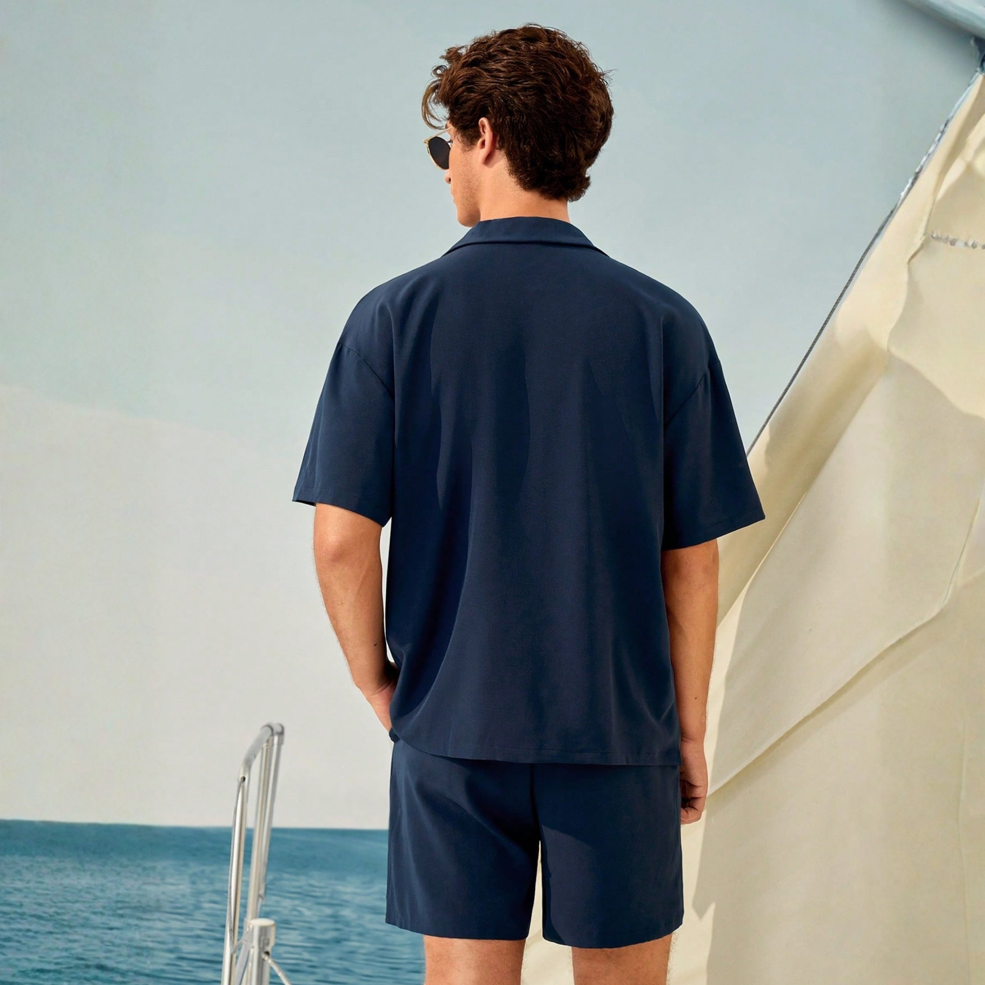 Casual Beach Blue Shirt & Shorts Set And Women Couple Matching Bathing Set