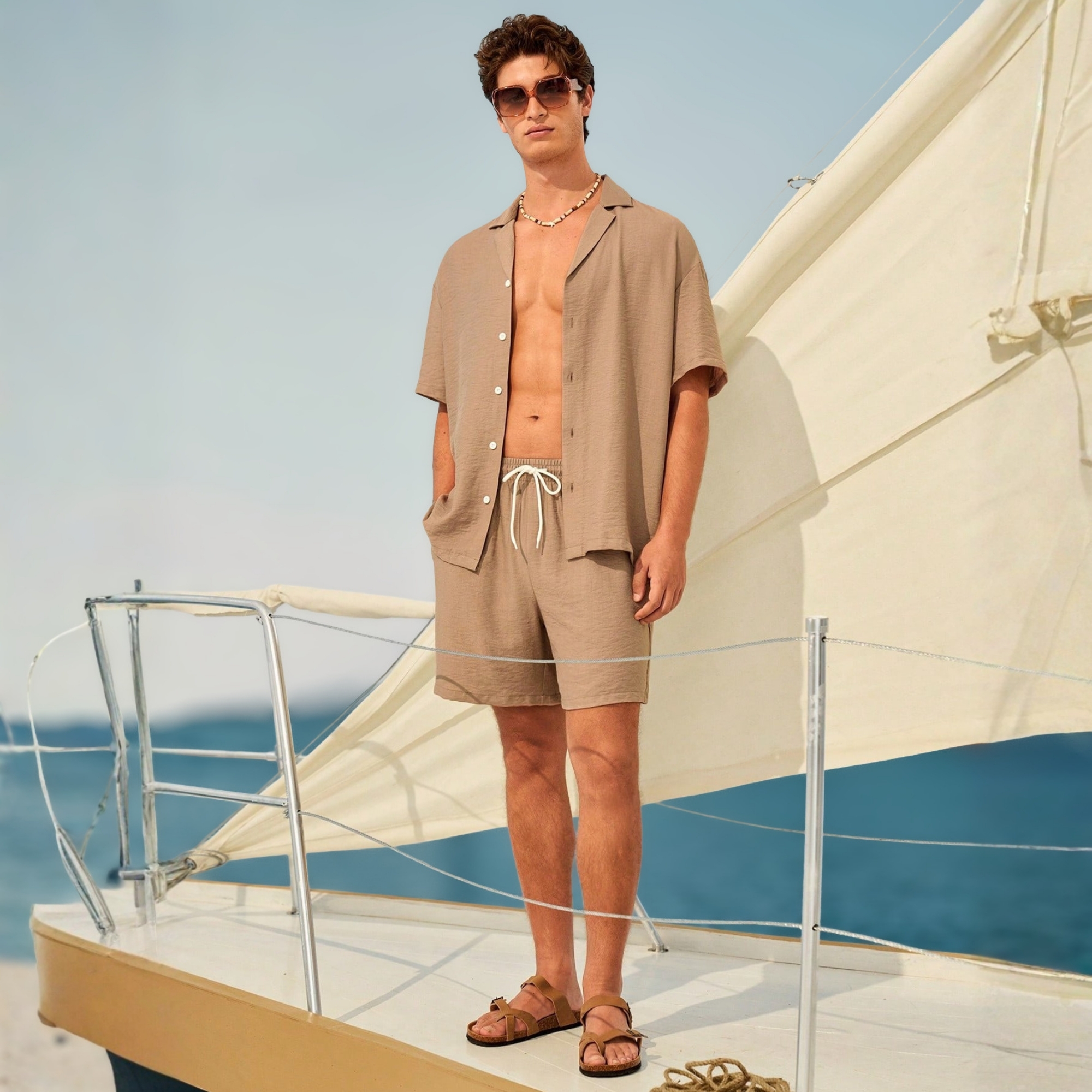 Casual Beach Blue Shirt & Shorts Set And Women Couple Matching Bathing Set