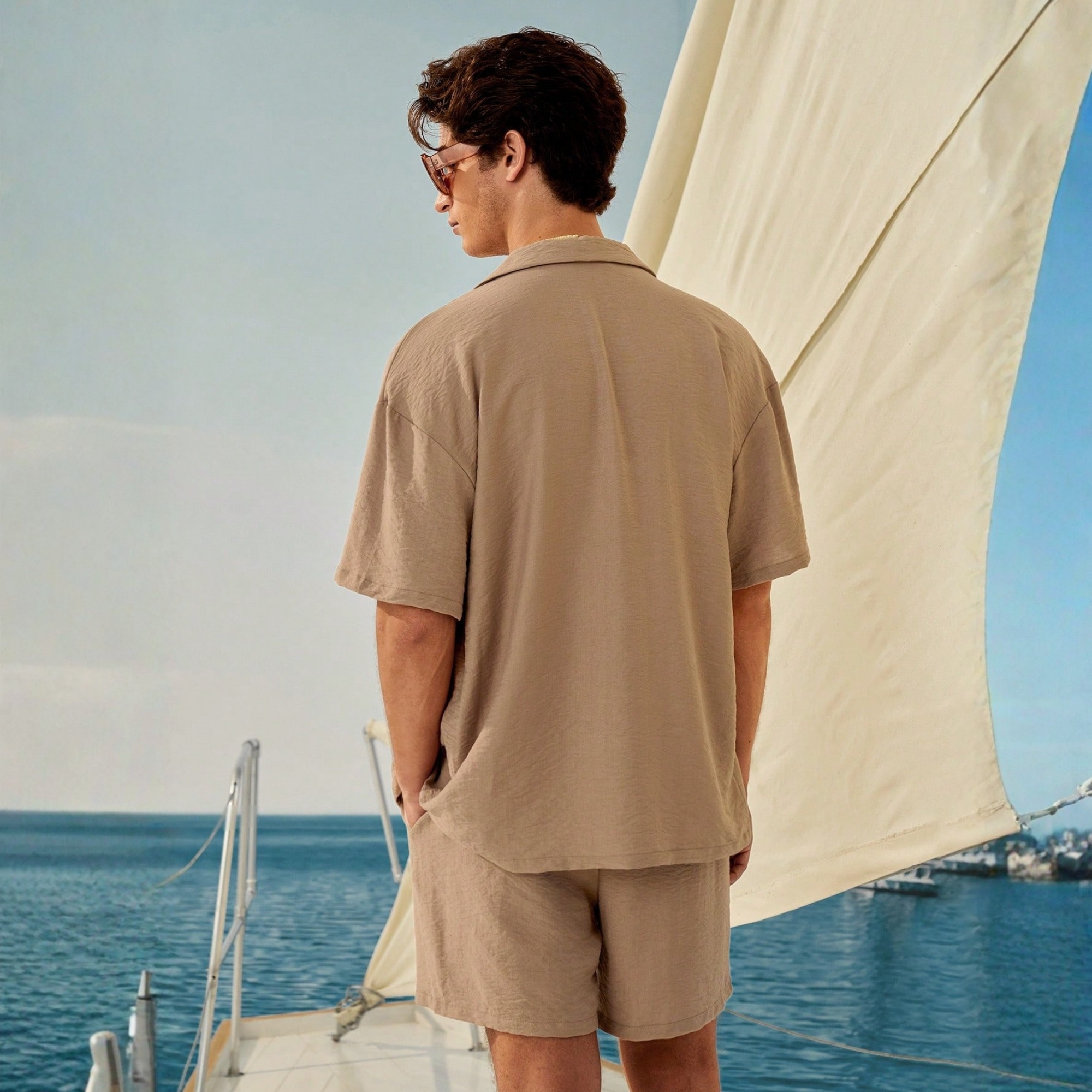 Casual Beach Blue Shirt & Shorts Set And Women Couple Matching Bathing Set