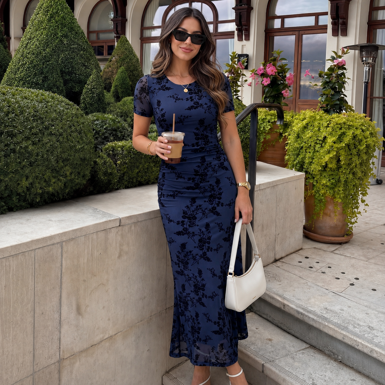 Bodycon Floral Mesh Sleeve Ruched Sleeve Dress For Women