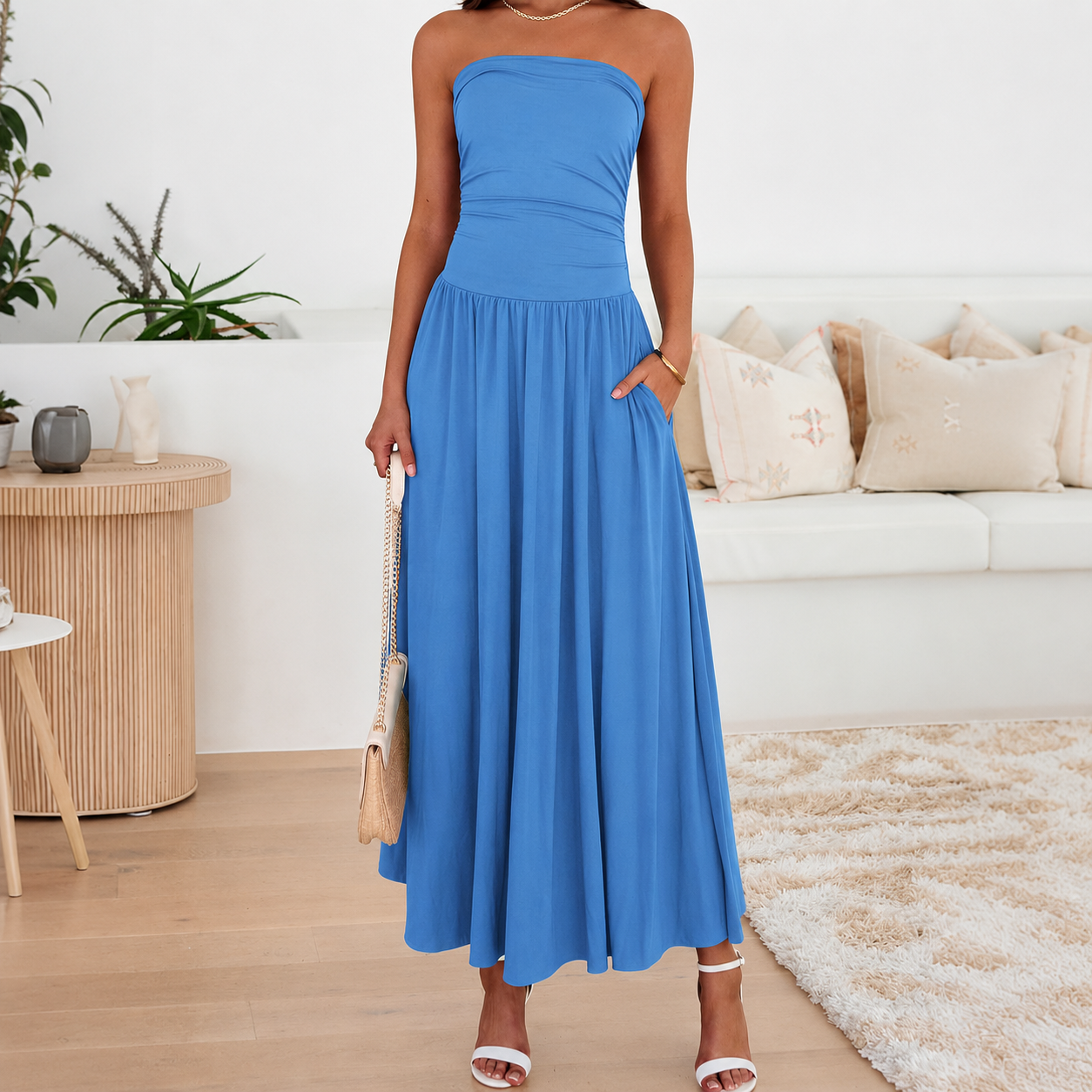 Casual Strapless Ruched Maxi Dress With Pockets For Women