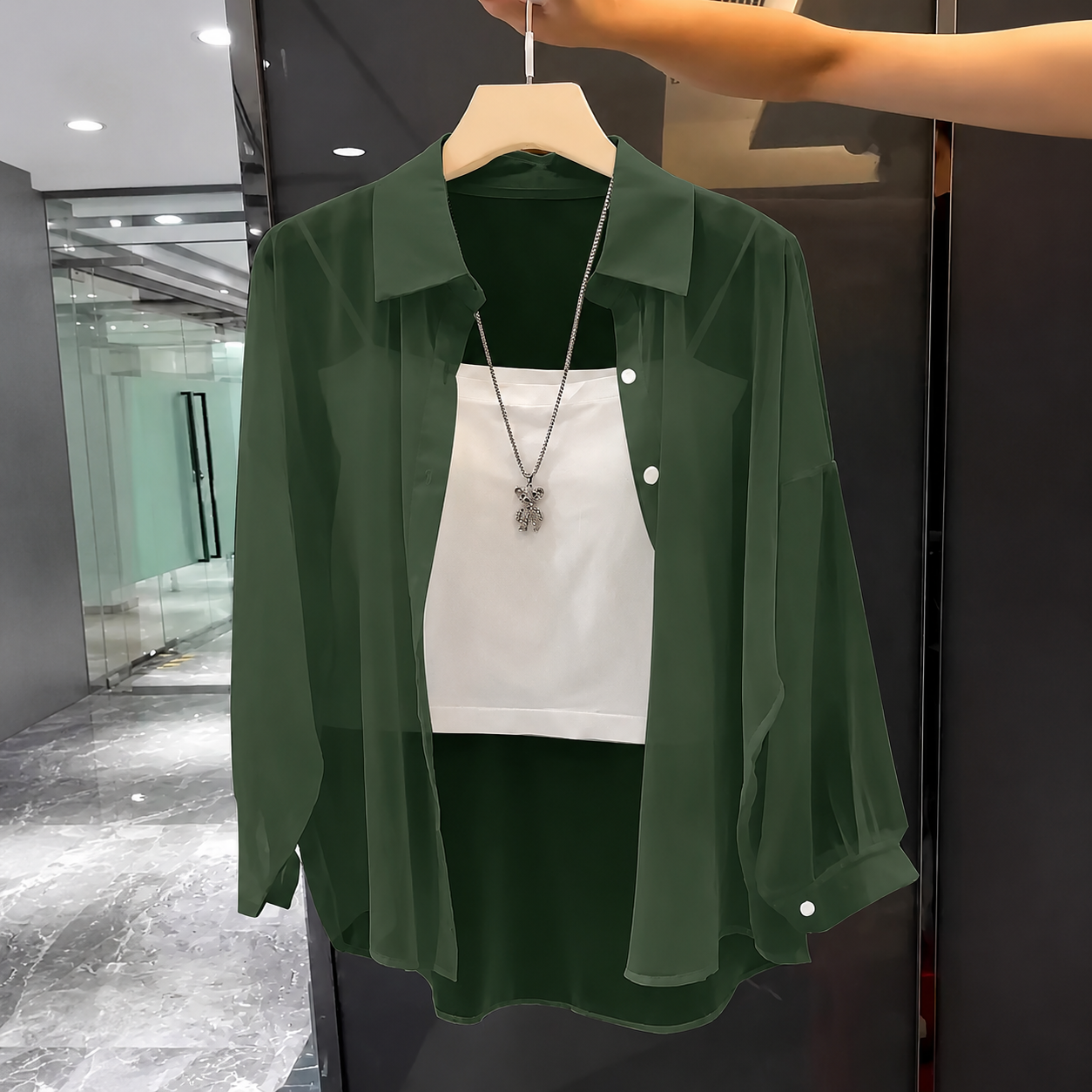 Transparent Plain Long Sleeve Collared Shirt Tops For Women