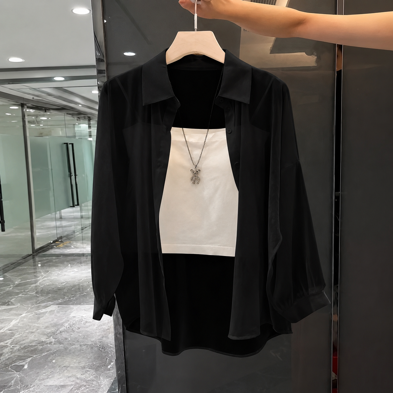 Transparent Plain Long Sleeve Collared Shirt Tops For Women