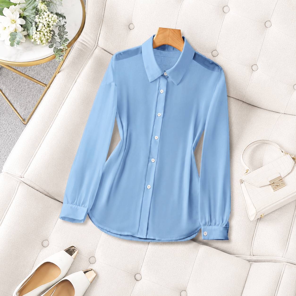 Transparent Plain Long Sleeve Collared Shirt Tops For Women