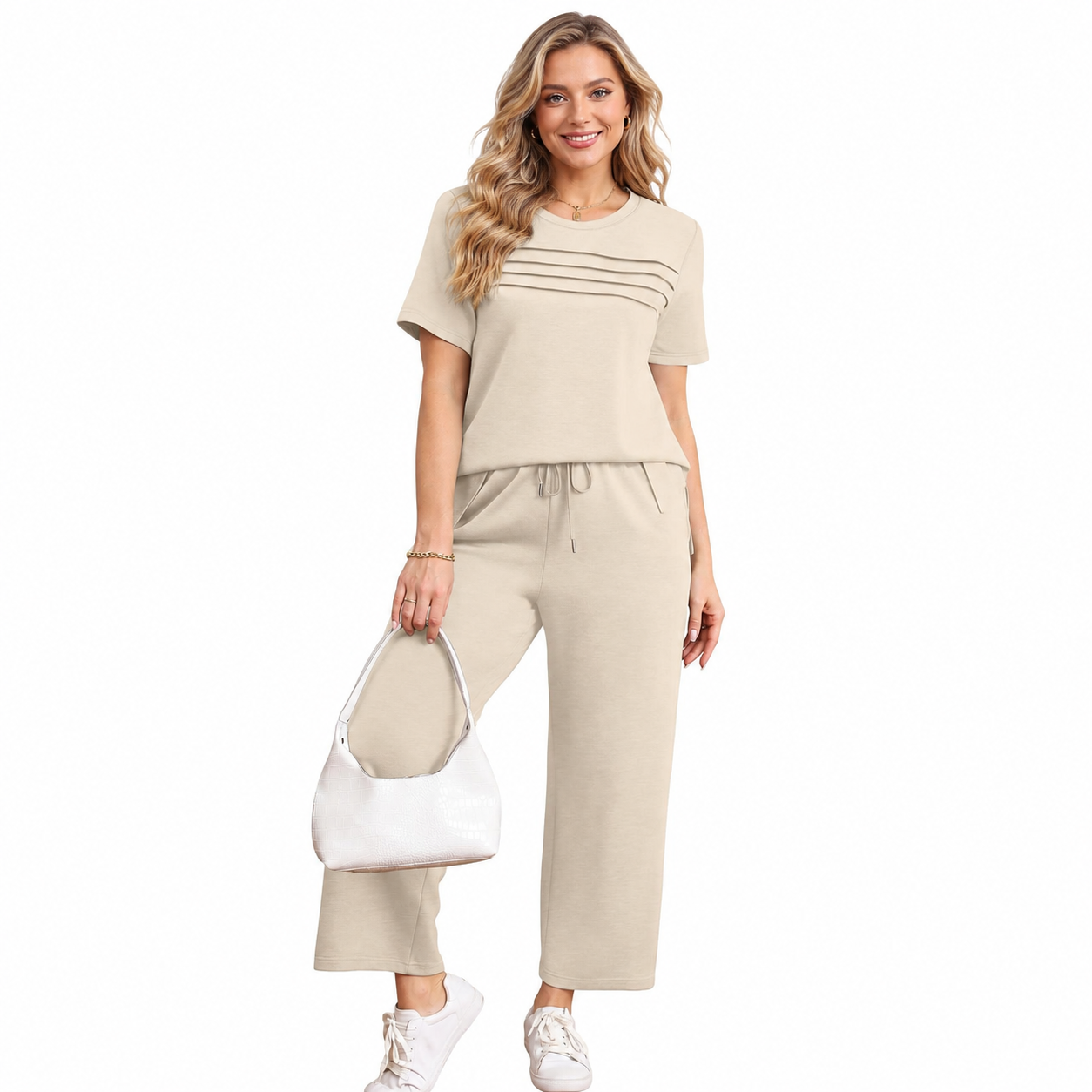 Two Piece Travel Outfit With Wide Length Pants For Women