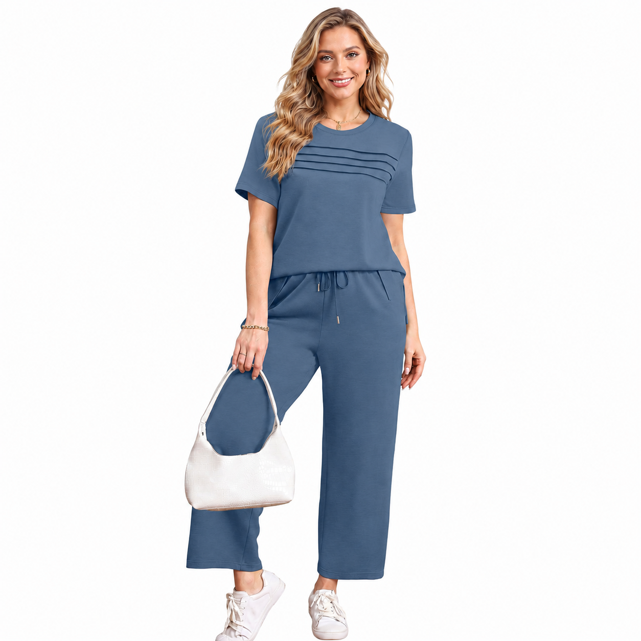 Two Piece Travel Outfit With Wide Length Pants For Women