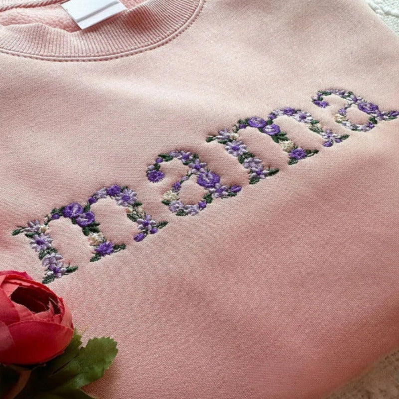 Personalized Mother Day Floral Embroidered Sweatshirt Hoodie Or T Shirt For Mom And Grandma