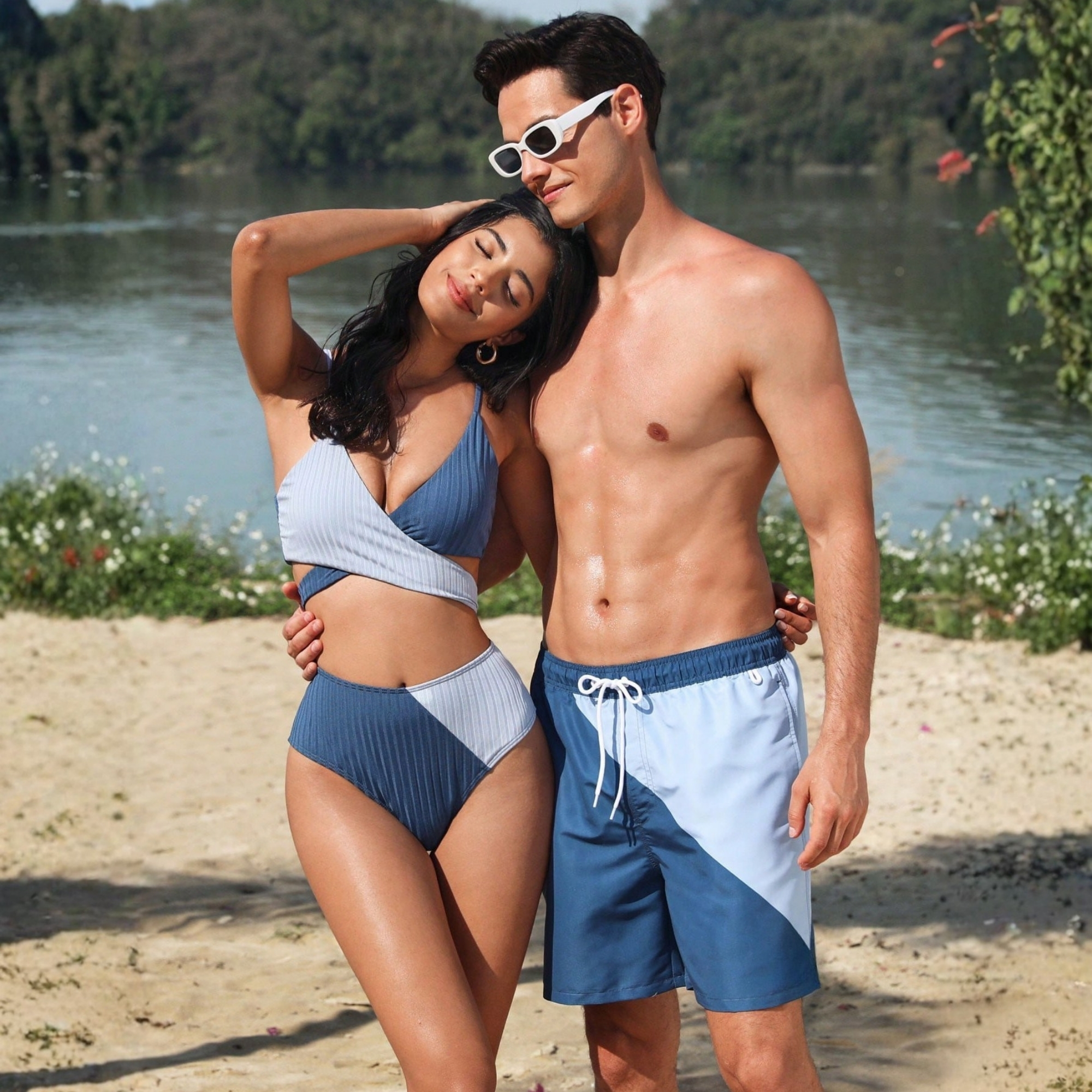Drawstring Waist Beach Shorts Couples Matching Swimwear