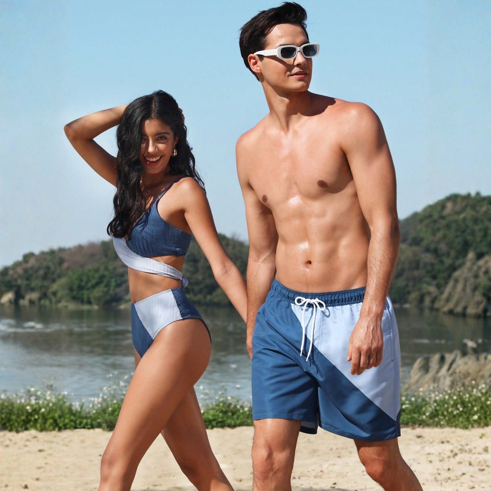 Drawstring Waist Beach Shorts Couples Matching Swimwear