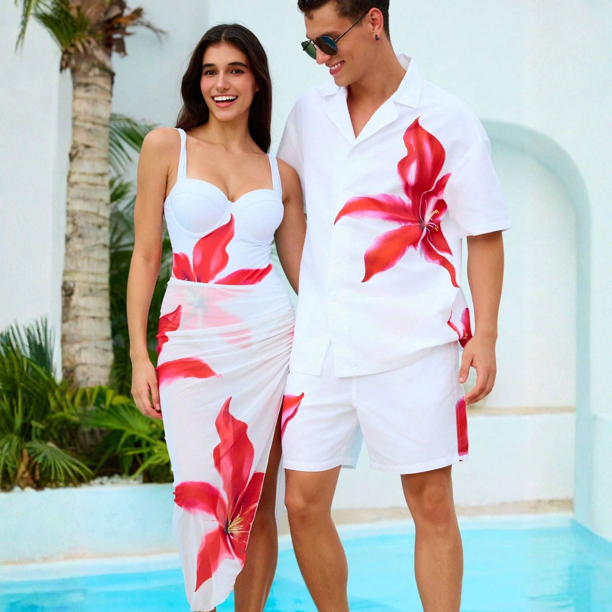 Floral Print Short Sleeve Shirt And Drawstring Waist Pocket Shorts Beach Outfit Women Couple Matching Bathing Set