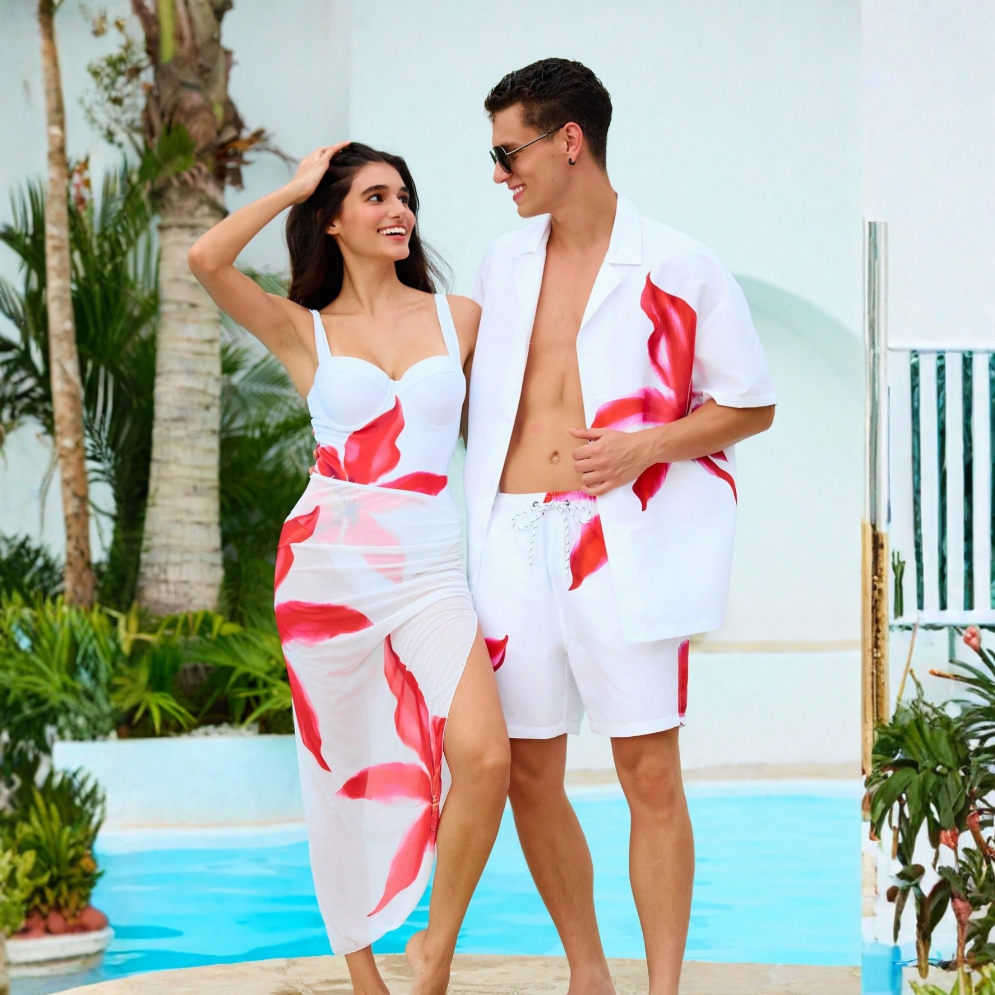 Floral Print Short Sleeve Shirt And Drawstring Waist Pocket Shorts Beach Outfit Women Couple Matching Bathing Set