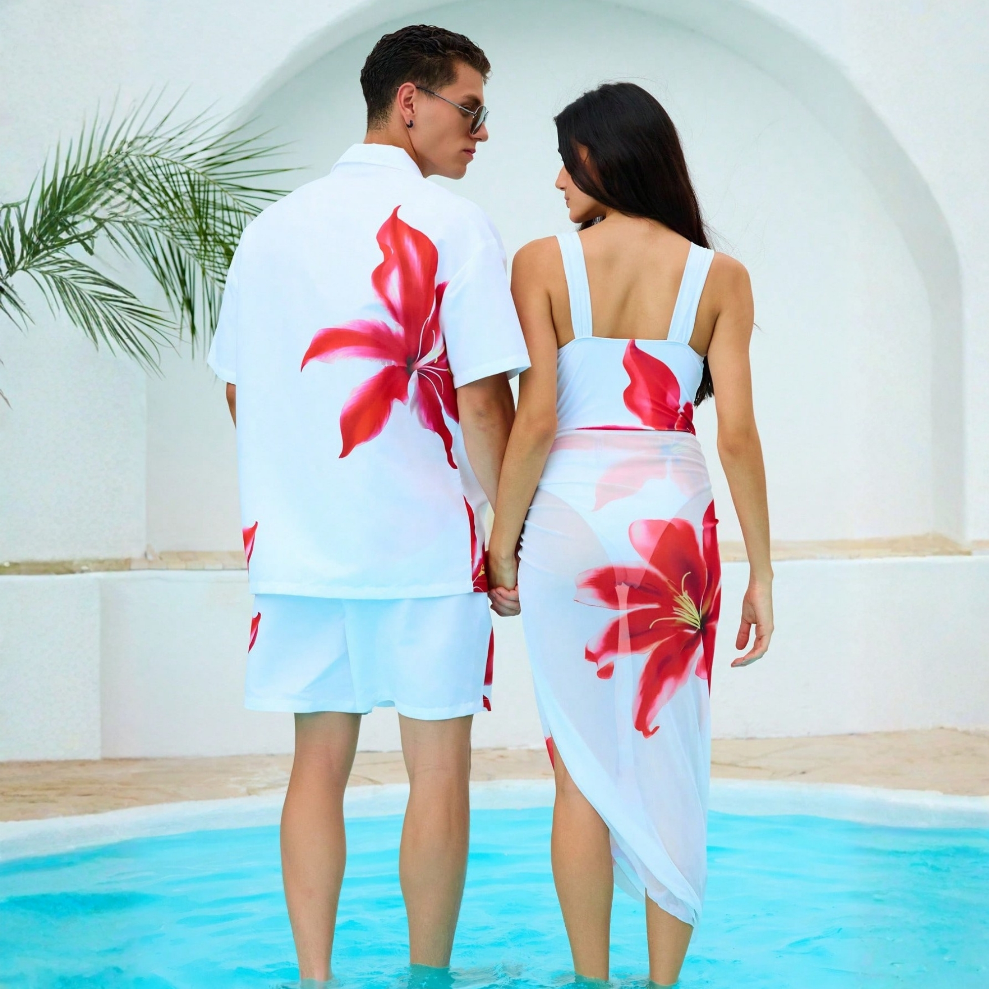 Floral Print Short Sleeve Shirt And Drawstring Waist Pocket Shorts Beach Outfit Women Couple Matching Bathing Set