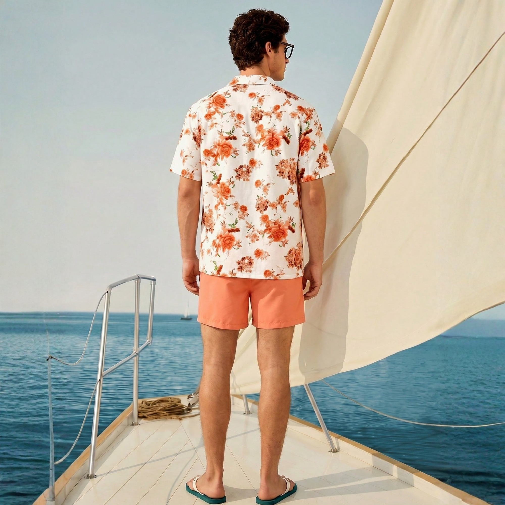 Floral Print Short Sleeve Shirt And Drawstring Waist Pocket Shorts Beach Outfit Women Couple Matching Bathing Set