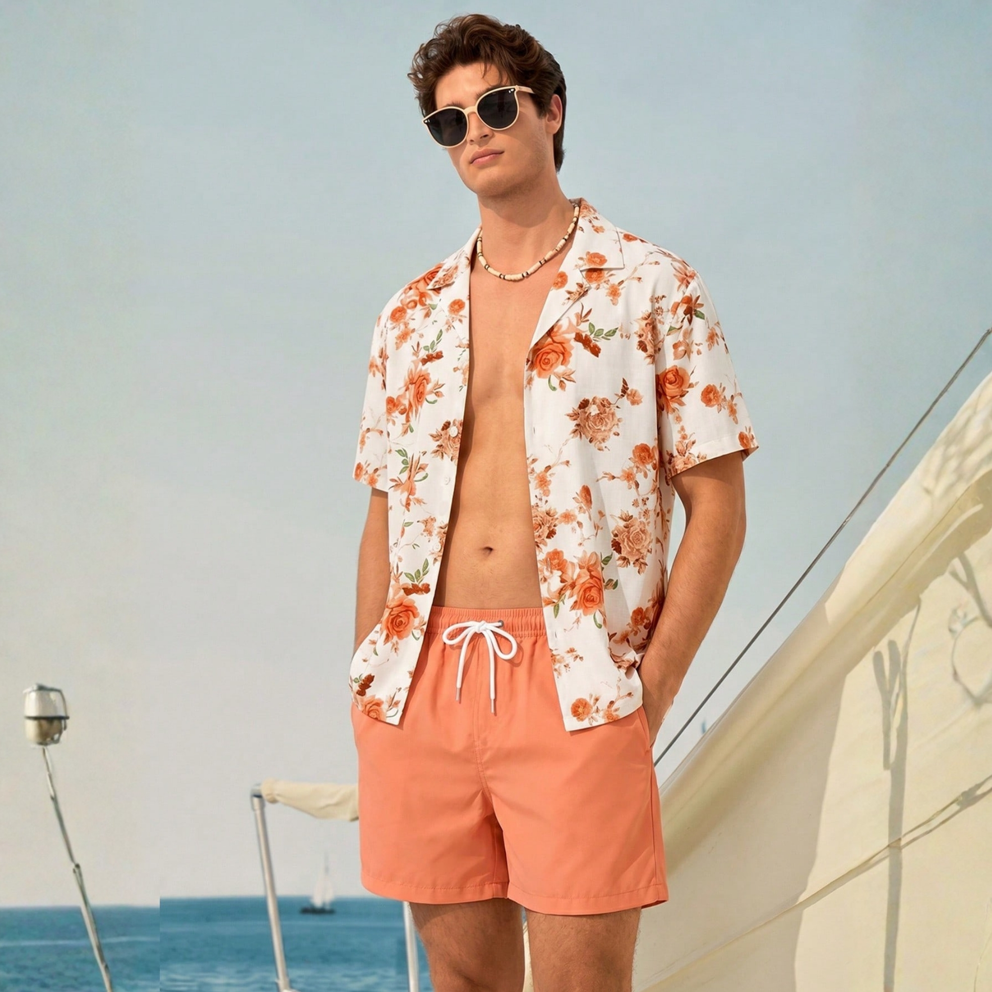 Floral Print Short Sleeve Shirt And Drawstring Waist Pocket Shorts Beach Outfit Women Couple Matching Bathing Set