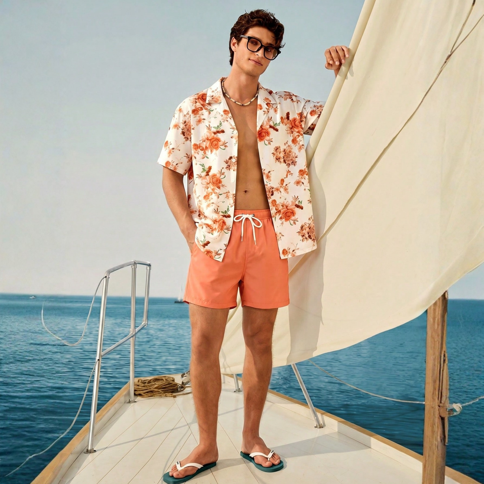 Floral Print Short Sleeve Shirt And Drawstring Waist Pocket Shorts Beach Outfit Women Couple Matching Bathing Set
