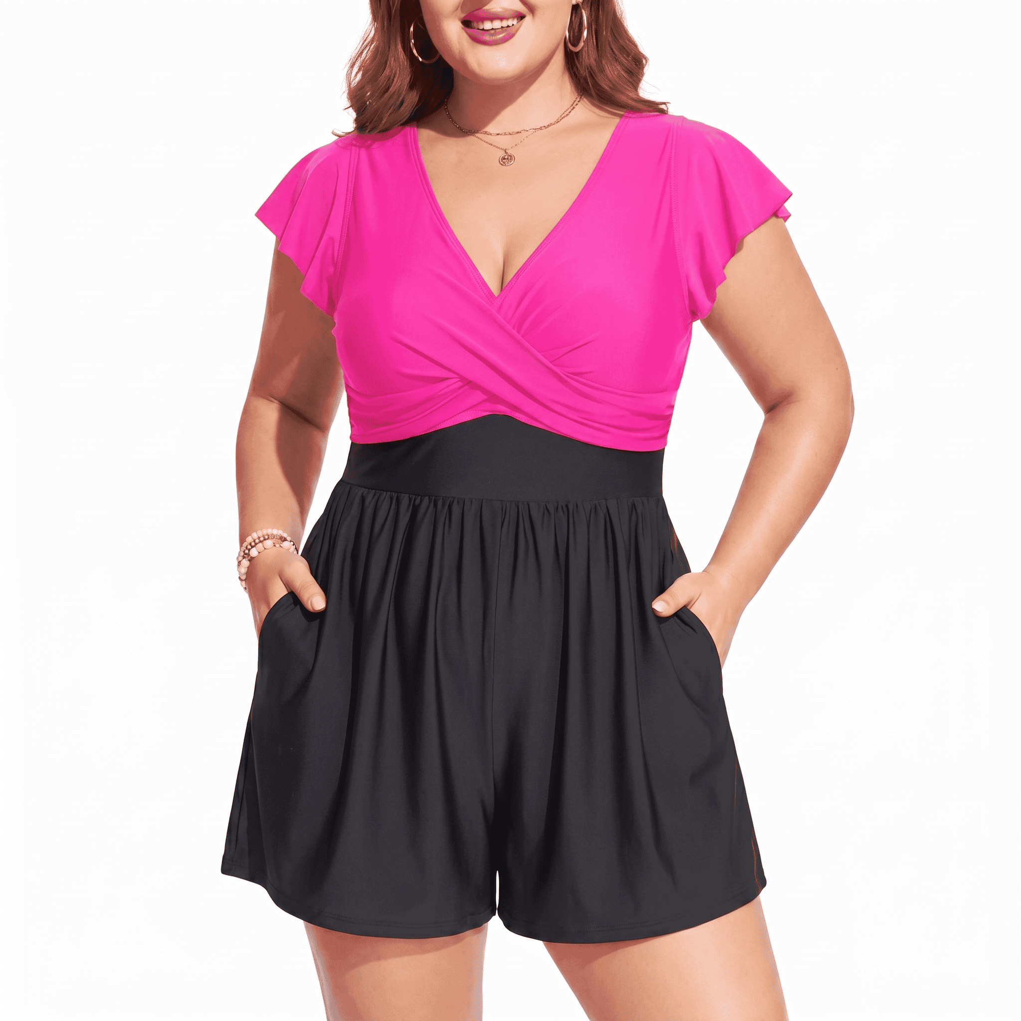 Plus Size Swim Romper Pocket Detail Swimwear For Women