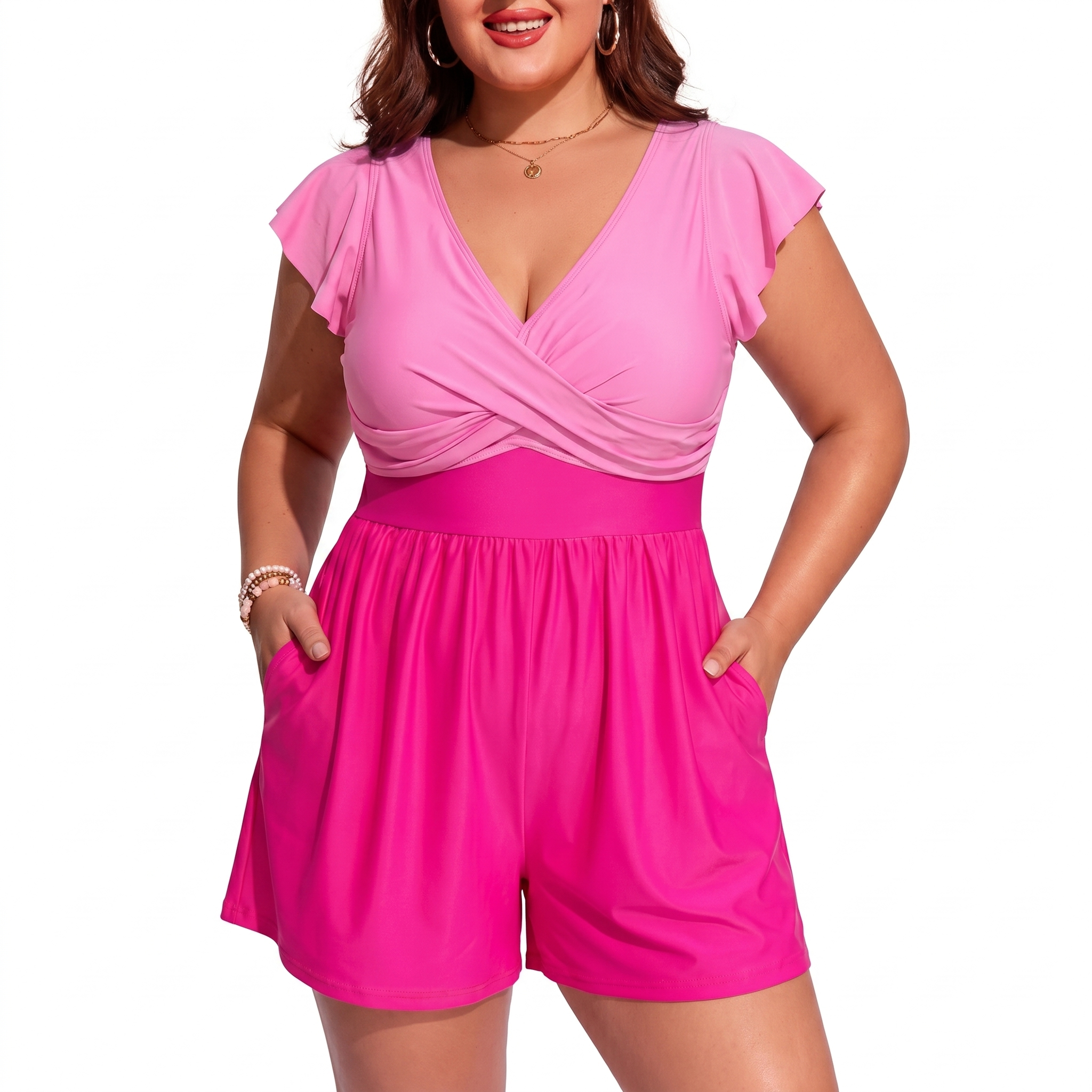 Plus Size Swim Romper Pocket Detail Swimwear For Women