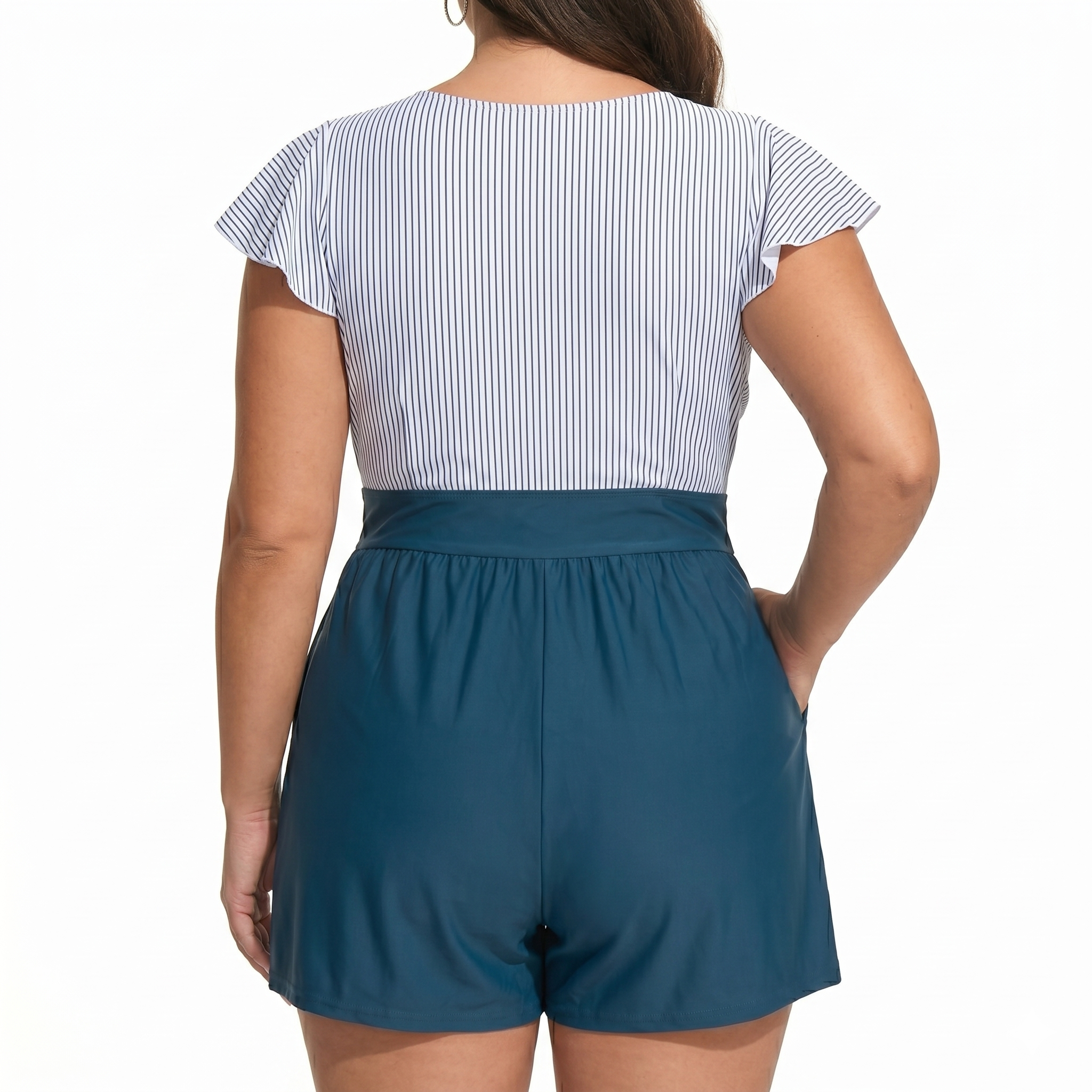 Plus Size Swim Romper Pocket Detail Swimwear For Women