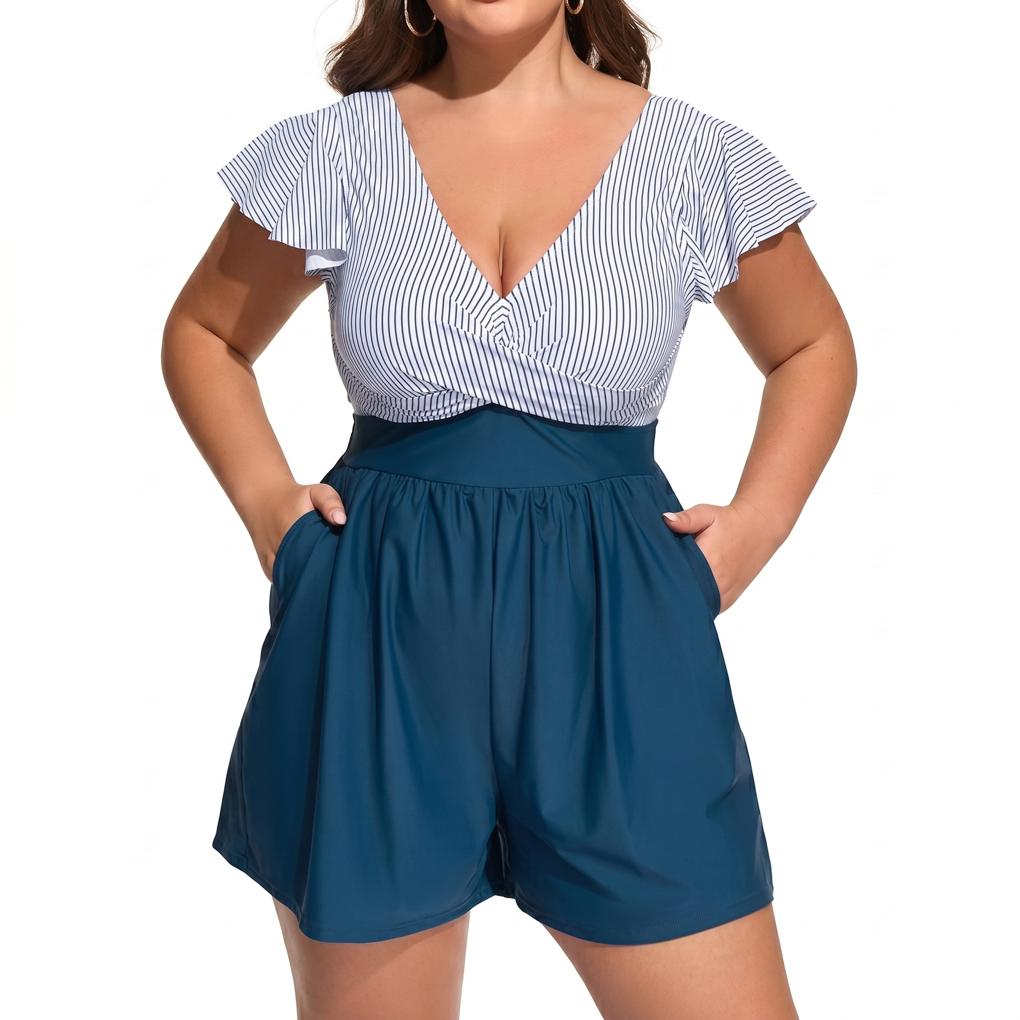 Plus Size Swim Romper Pocket Detail Swimwear For Women
