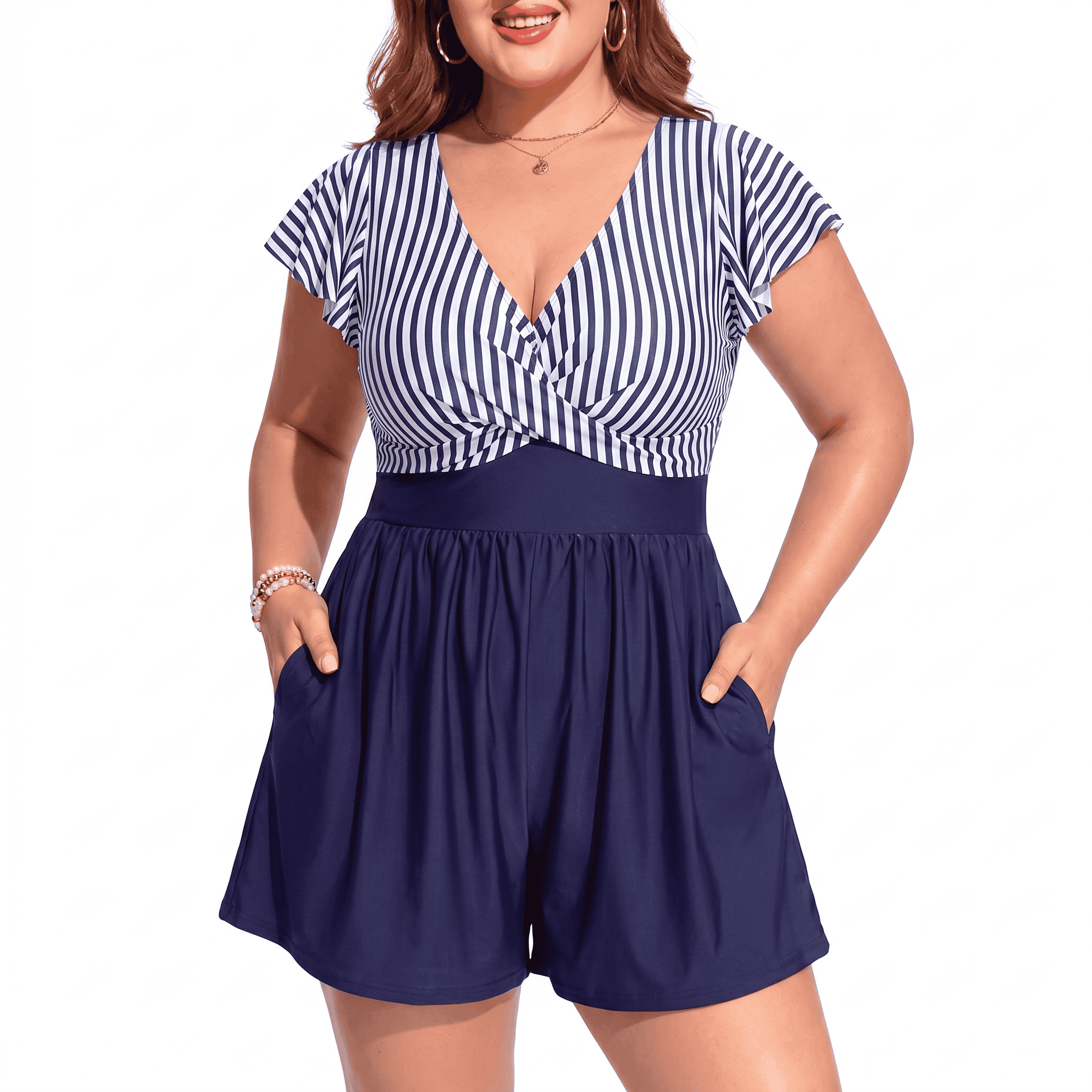 Plus Size Swim Romper Pocket Detail Swimwear For Women