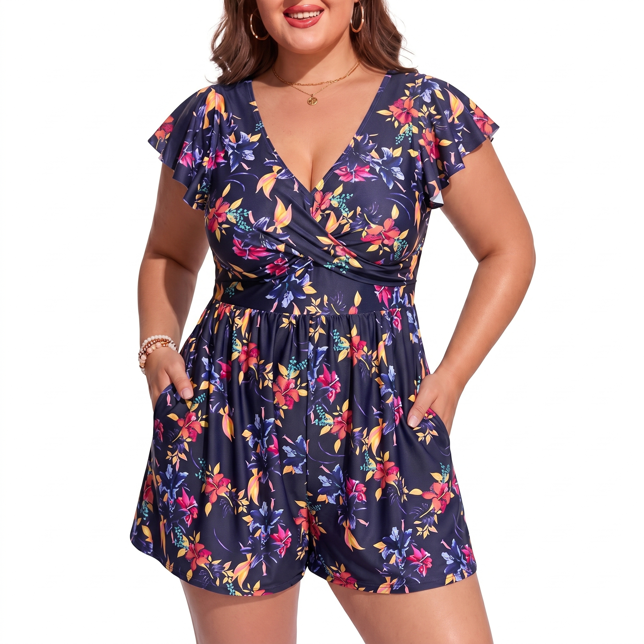 Plus Size Swim Romper Pocket Detail Swimwear For Women