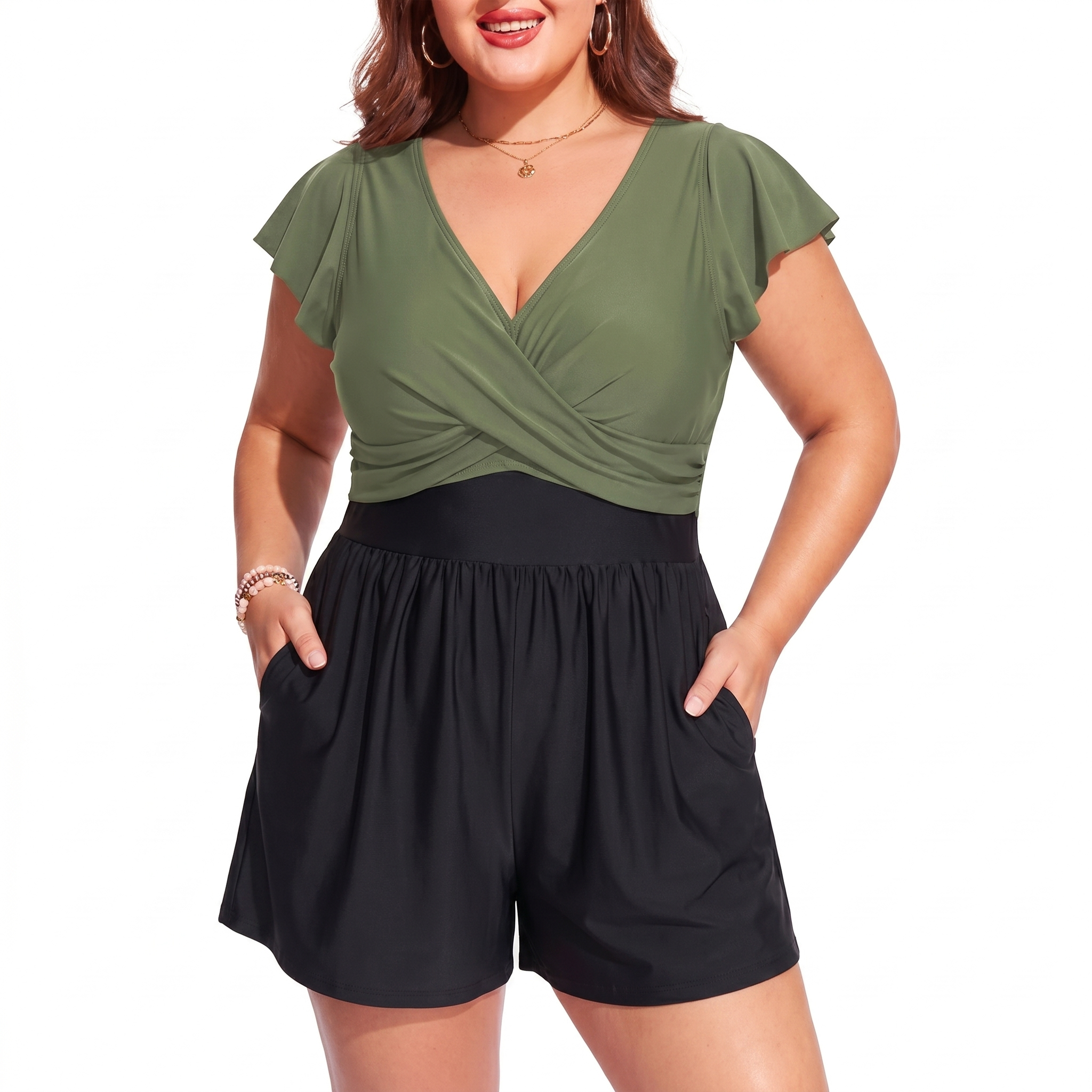 Plus Size Swim Romper Pocket Detail Swimwear For Women