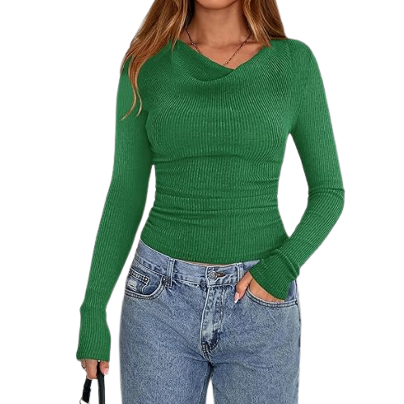 Womens Long Sleeve Cowl Neck Ribbed Knit Slim Fit Top