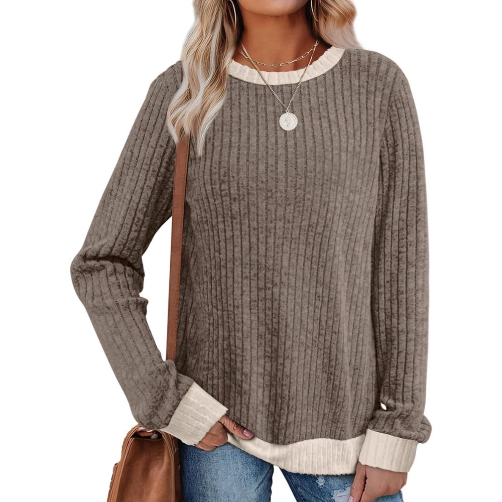Tops Long Sleeve Shirts Lightweight Sweaters Loose Fit Crewneck Color Block