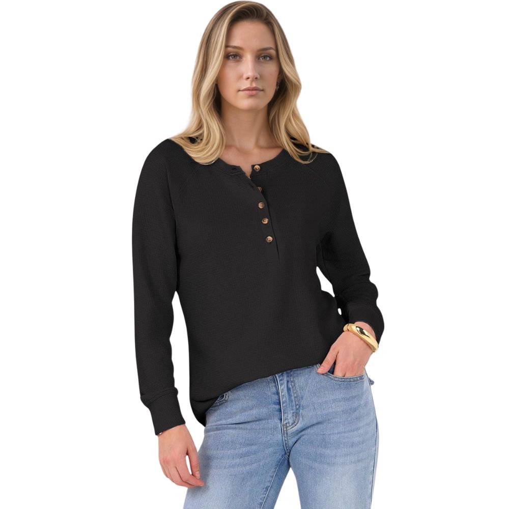 Women's Long Sleeve Waffle Knit Shirts Dressy Casual Loose Button Up V Neck