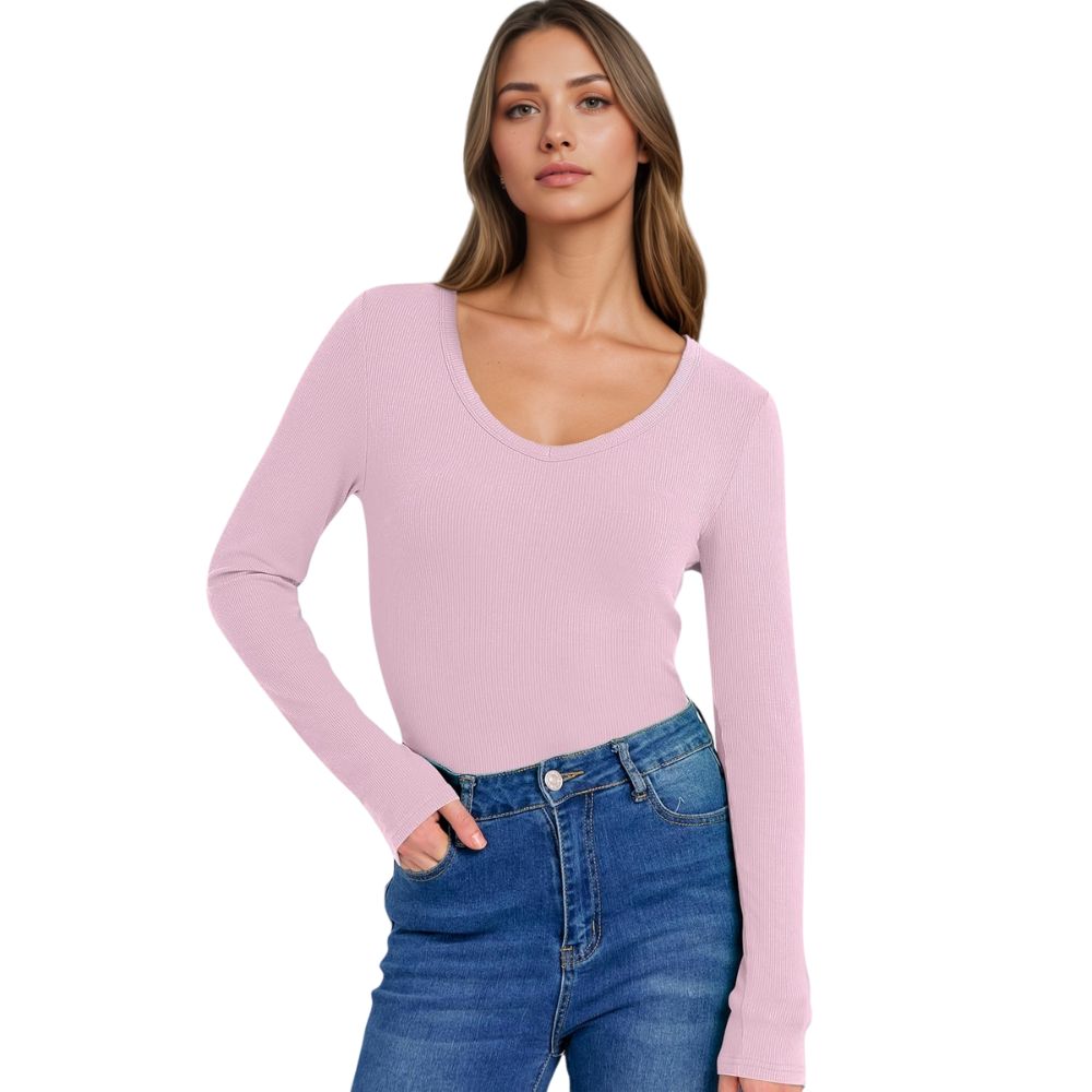 Long Sleeve Shirts for Women V Neck Ribbed Knit Fitted Fall Basic Tshirts