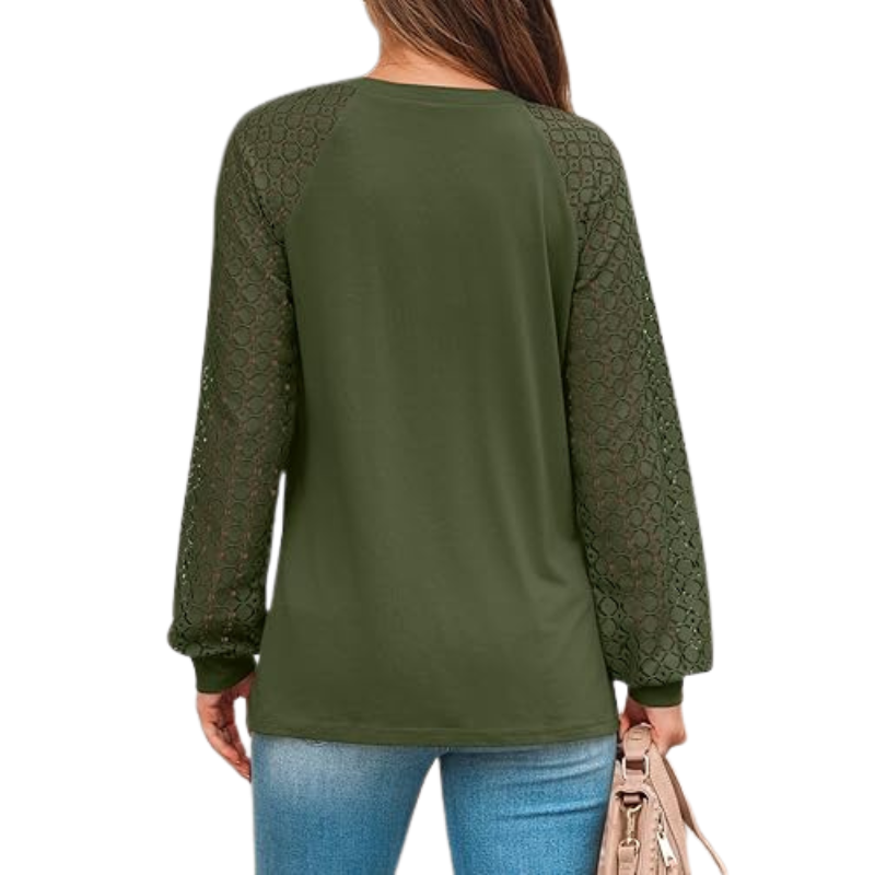 Long Sleeve Tops With Pleated Front And Lace Detail For Women