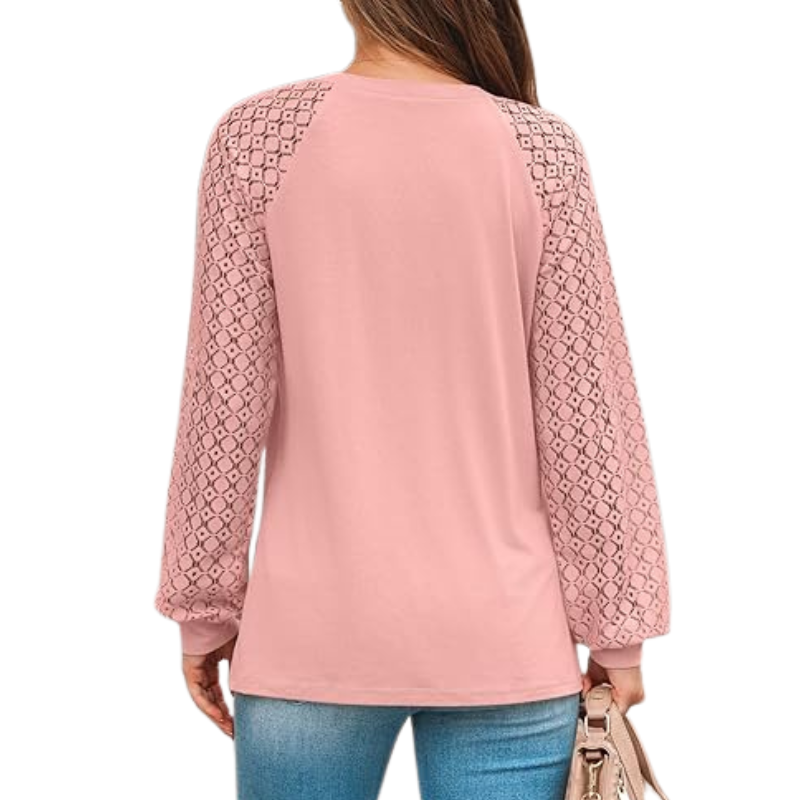 Long Sleeve Tops With Pleated Front And Lace Detail For Women