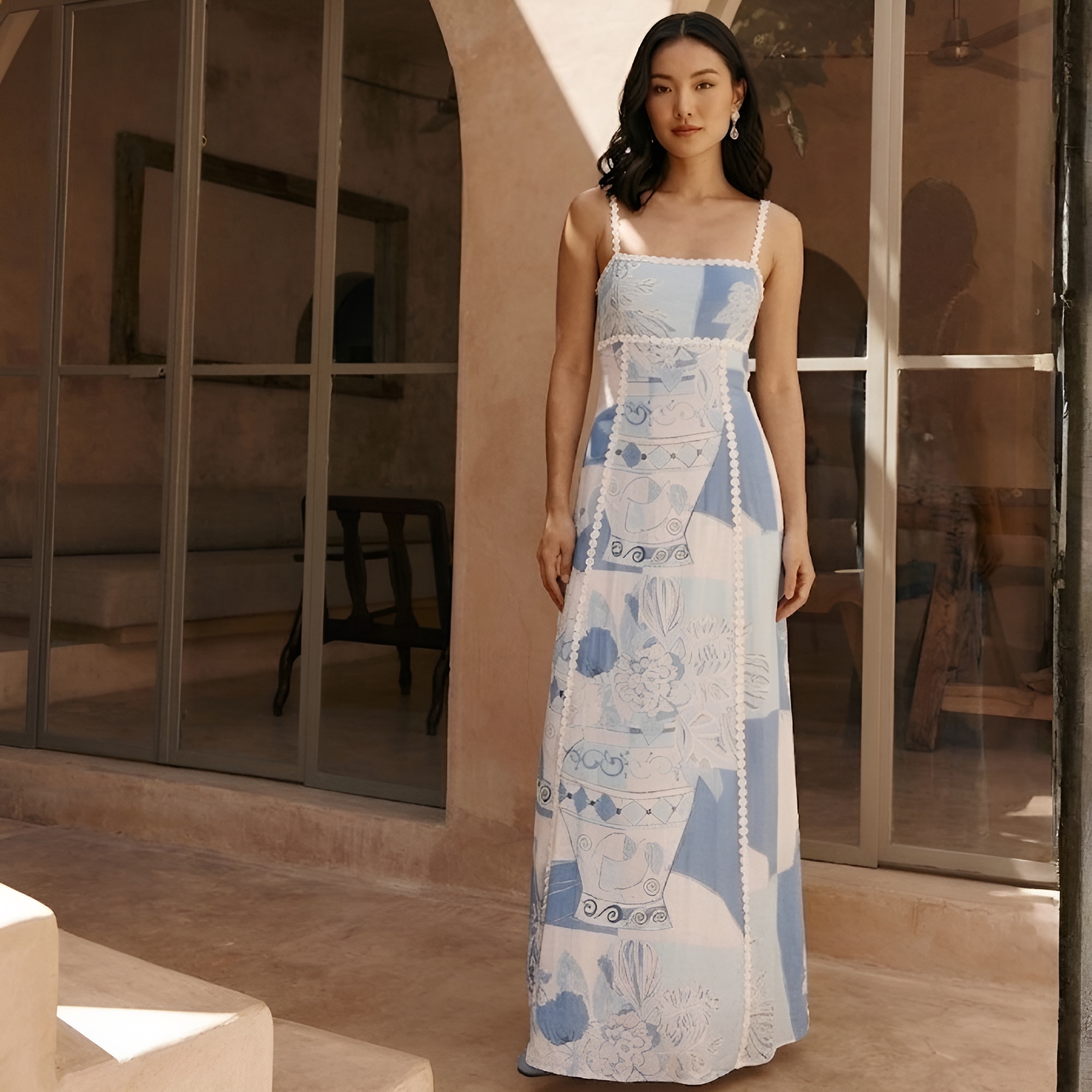 Printed Tie Back Midi Dress With Spaghetti Straps