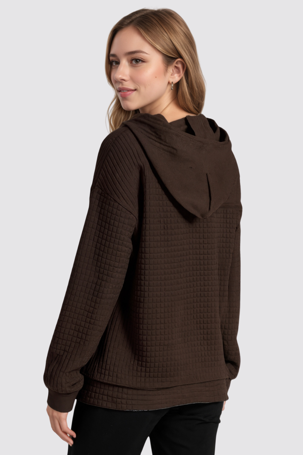 Casual Long Sleeve Drawstring Waffle Pullover Hoodie