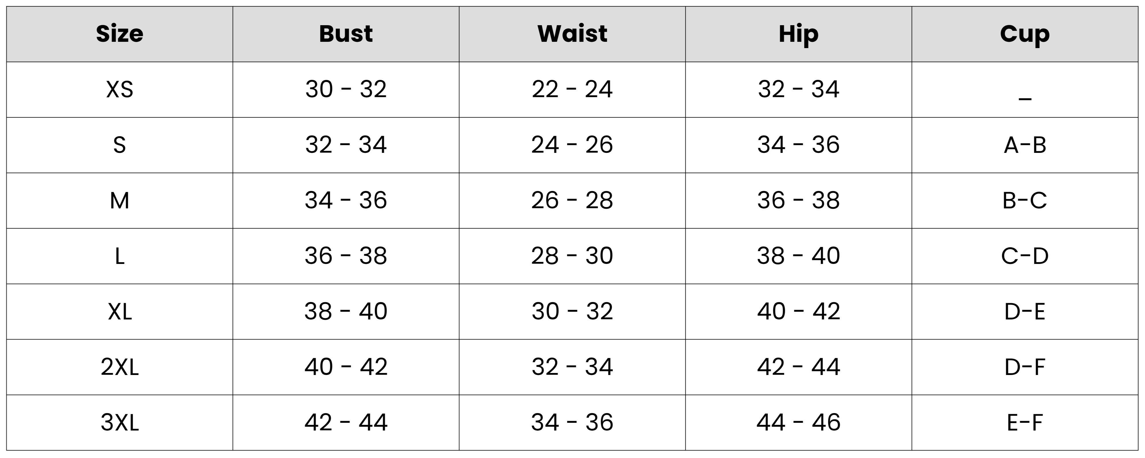 DR Congo World Cup 2026 bikini size chart in inches - bust, waist and hip for sizes XS to 3XL