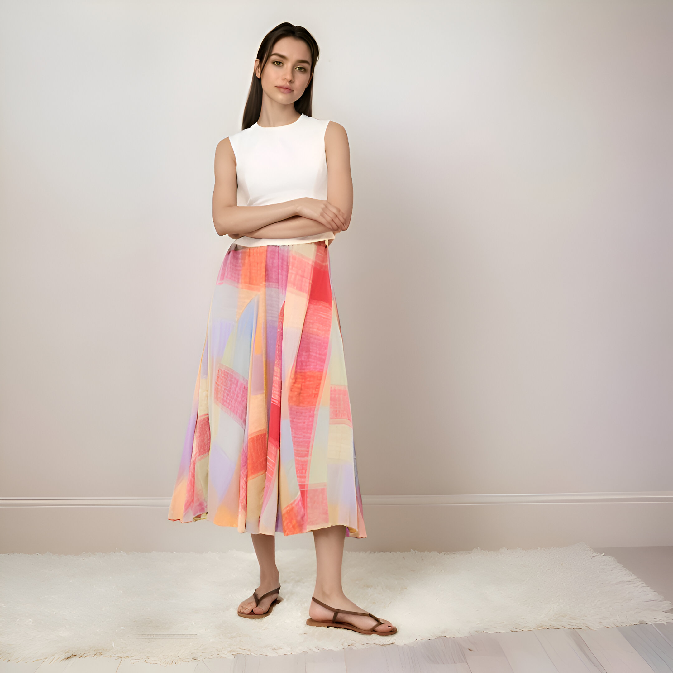 Soft Textured Pastel Plaid Midi Skirt