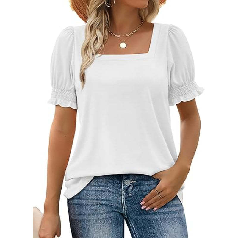 Square Neck Casual Top with Puff Sleeves and Soft Fabric