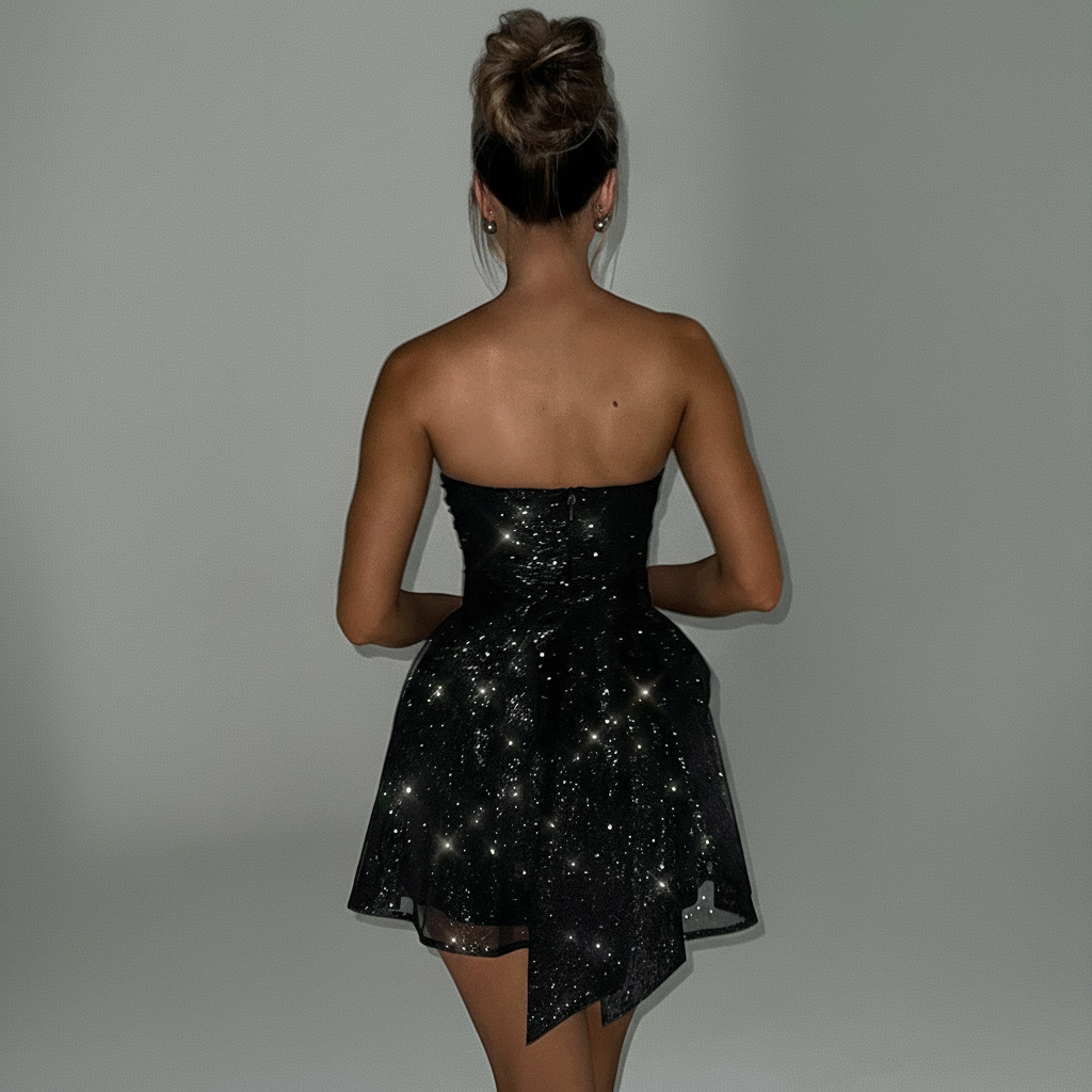 Strapless Glitter Mini Dress With Bow Back