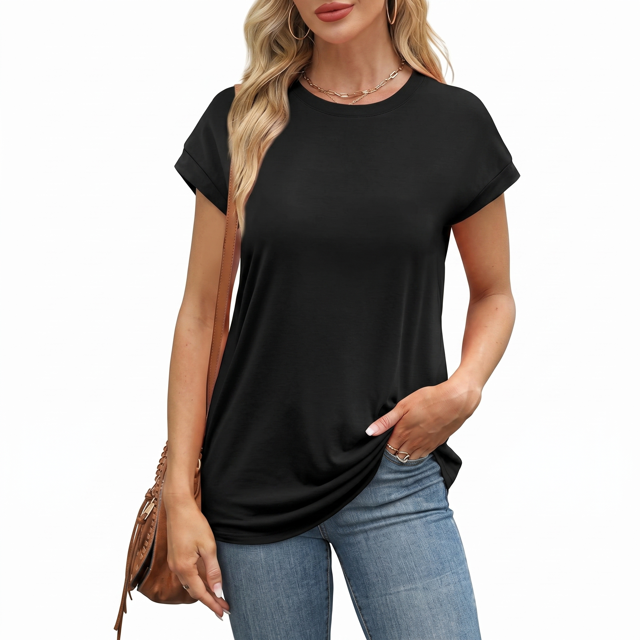 Short Sleeve Shirts Crew Tunic Blouses For Summer 