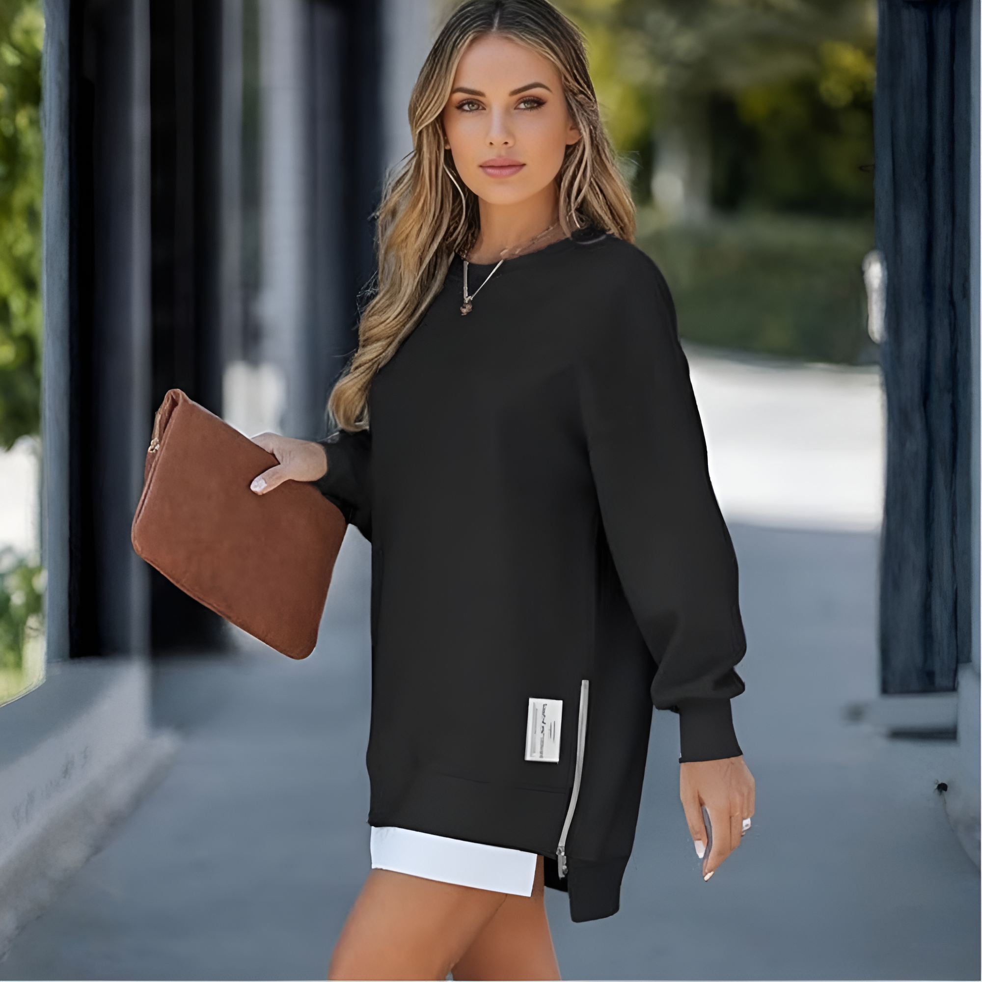 Oversized Sweatshirt With Zipper Slit For Women