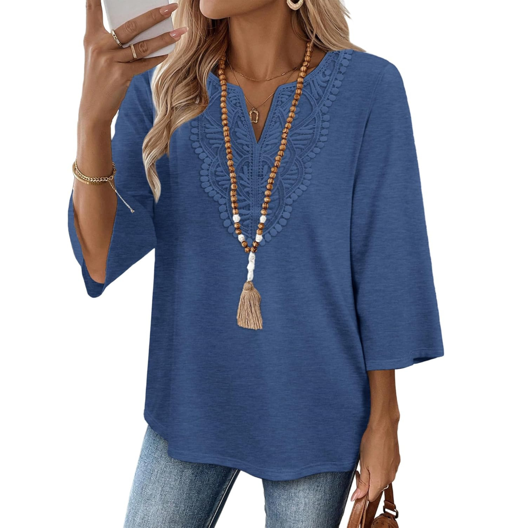  Length Sleeve Womens Tops Boho V Neck Lace Shirt Trendy Blouses Dressy Casual Vacation