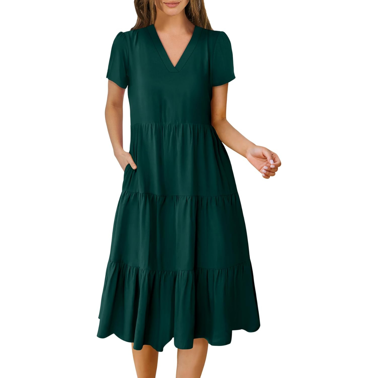 Casual Short Sleeve Tiered Boho Beach Midi Dress For Women