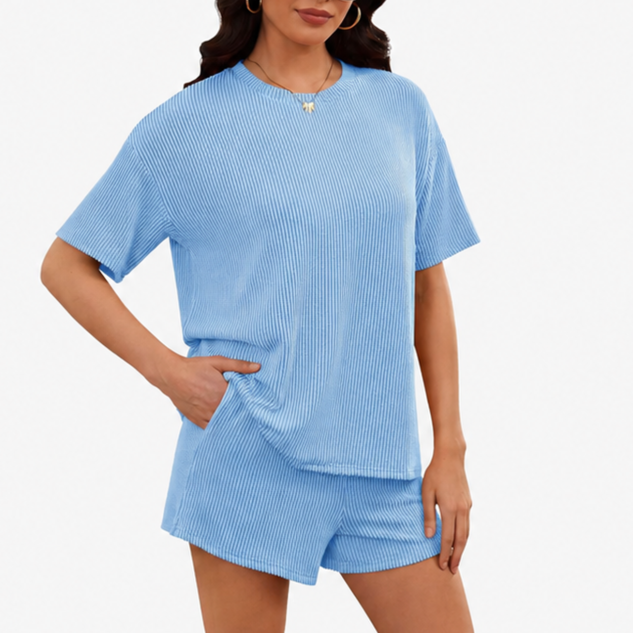 2 Piece Ribbed Knit Shorts Set with Short Sleeve Top For Women